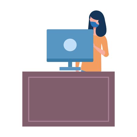 woman with mask on reception with computer design of medical care and covid 19 virus theme Vector illustrationのイラスト素材