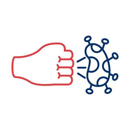 fist hand hitting covid 19 particle line style icon vector illustration designのイラスト素材