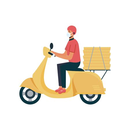 Man with mask motorcycle and boxes design, Safe delivery quarantine logistics and transportation theme Vector illustrationのイラスト素材