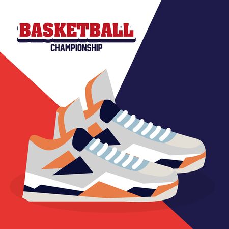 basketball championship, label, design with basketball ball and sport shoes vector illustration designのイラスト素材
