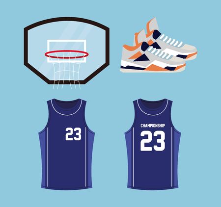 set of basketball icons, contains such icons as hoop basket, shoes, shirts vector illustration designのイラスト素材