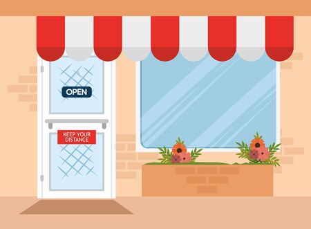 shop facade, social distancing, prevention measure, steps to protect yourself, keep the distance, prevention coronavirus covid 19 vector illustration designのイラスト素材