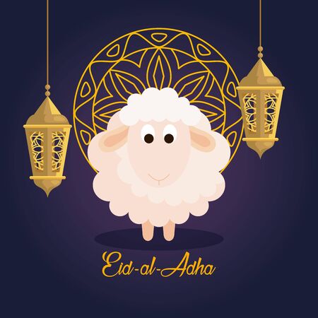 celebration of muslim community festival eid al adha, card with sacrificial sheep and gold mandala, lanterns hanging decoration vector illustration designのイラスト素材