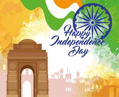 indian happy independence day with ashoka wheel decoration and famous monument vector illustration designのイラスト素材