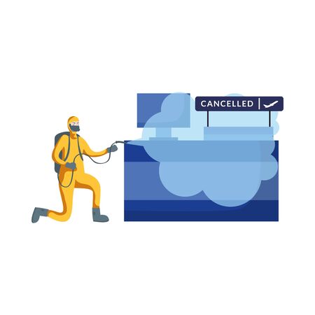 Man with protective suit spraying airport reception design, Disinfection service and clean theme Vector illustrationのイラスト素材