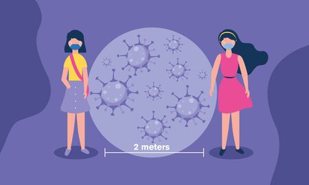 Social distancing between girls with masks design of Covid 19 virus theme Vector illustrationのイラスト素材