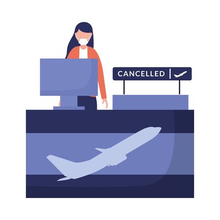 Woman with medical mask on airport reception design, Cancelled flights travel and airport theme Vector illustrationのイラスト素材