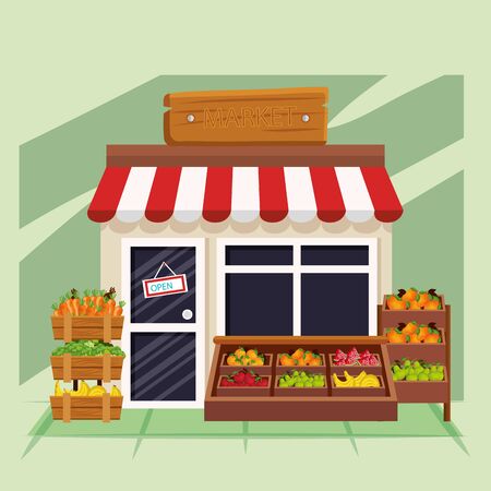 Fruits and vegetables shop design, Store market shopping commerce retail buy and paying theme Vector illustrationのイラスト素材
