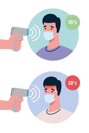covid 19 coronavirus, hands holding infrared thermometers to measure body temperature, men check temperature vector illustration designのイラスト素材