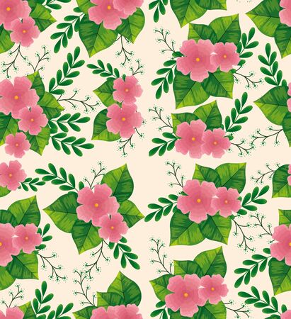 background of cute flowers pink color with branches and leafs vector illustration designのイラスト素材