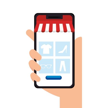 hand holding smartphone with tent design of Shopping online ecommerce market retail and buy theme Vector illustrationのイラスト素材