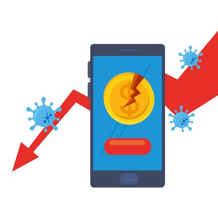 broken dollar coin on smartphone and decrease arrow design of bankruptcy and covid 19 virus theme Vector illustrationのイラスト素材