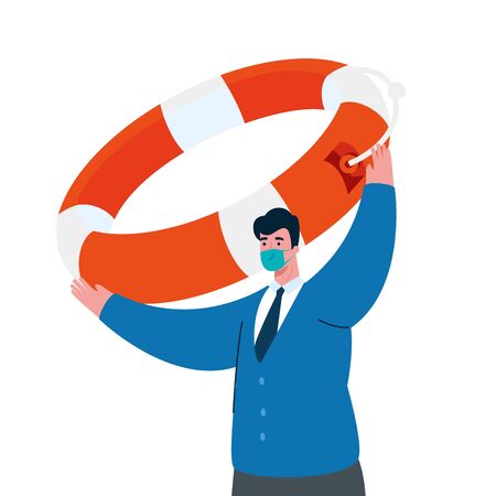 businessman with mask and lifebuoy design of bankruptcy and covid 19 virus theme Vector illustrationのイラスト素材