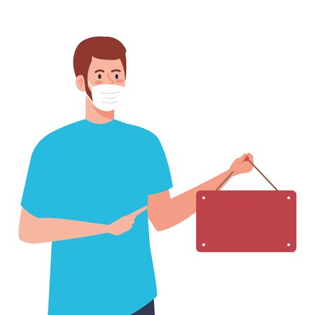 man wearing protective medical mask against covid 19, with hanging sign vector illustration designのイラスト素材
