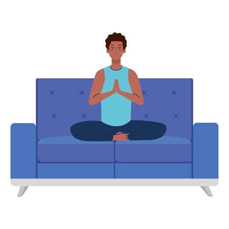 man afro meditating sitting in couch, concept for yoga, meditation, relax, healthy lifestyle vector illustration designのイラスト素材