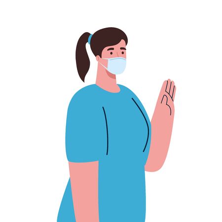 woman wearing medical protective mask against covid 19, with hand up vector illustration designのイラスト素材