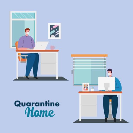 stay home work home, men protect yourself working at home, stay home on quarantine during the coronavirus vector illustration designのイラスト素材