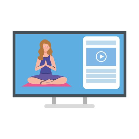 online, yoga concept, woman practices yoga and meditation, watching a broadcast on a computer vector illustration designのイラスト素材