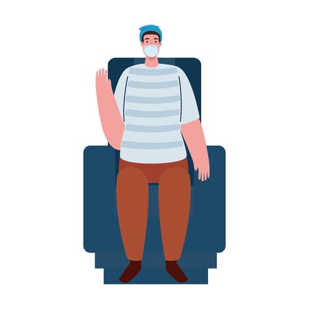 coronavirus prevention, man alone wearing medical mask, sitting in chair cinema vector illustration designのイラスト素材
