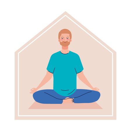 stay at home, man meditating, concept for yoga, meditation, relax, healthy lifestyle vector illustration designのイラスト素材