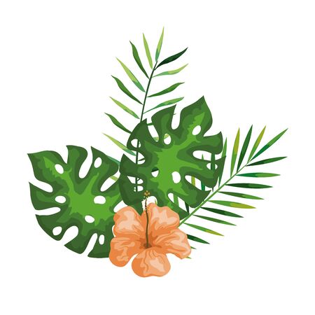 hibiscus with branches and leaves, tropical nature, spring summer botanical vector illustration designのイラスト素材