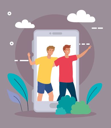happy characters, young men in smartphone, friendship excitement, online celebration vector illustration designのイラスト素材