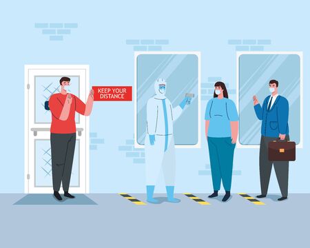 social distancing, people wearing medical mask in line standing, facade of company, prevention coronavirus covid 19 vector illustration designのイラスト素材