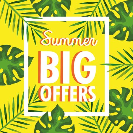 summer big offers, banner with branches and tropical leaves, exotic floral banner vector illustration designのイラスト素材