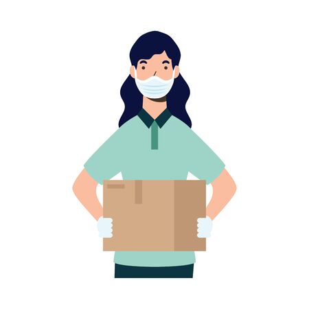 Woman with mask and box design, Safe delivery quarantine logistics and transportation theme Vector illustrationのイラスト素材