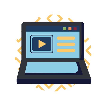 Play button inside laptop flat style icon design, Music movie cinema video film and media theme Vector illustrationのイラスト素材