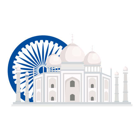 taj mahal, famous monument with blue ashoka wheel indian symbol vector illustration designのイラスト素材