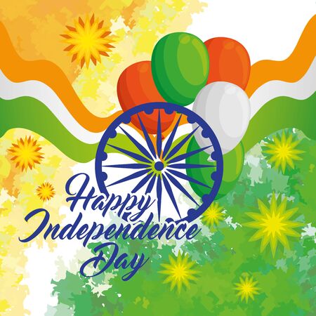 indian happy independence day, ashoka chakra with balloons helium and flag vector illustration designのイラスト素材