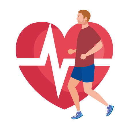 man running with heart pulse on background, male athlete with cardiology heart vector illustration designのイラスト素材