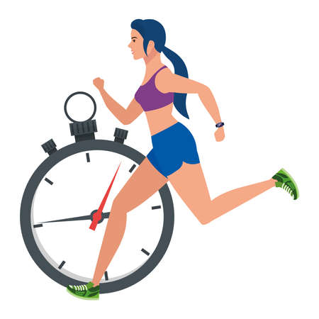 woman running with stopwatch, female athlete with chronometer on white background vector illustration designのイラスト素材