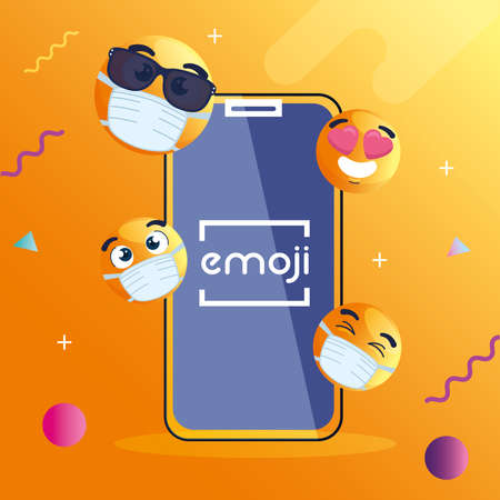 smartphone with set emojis, yellow faces in smartphone device vector illustration designのイラスト素材