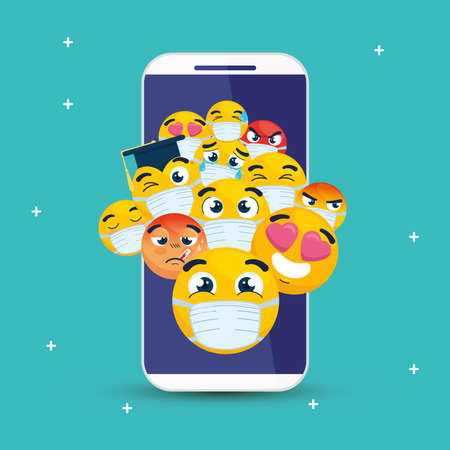 smartphone with set emojis, yellow faces in smartphone device vector illustration designのイラスト素材