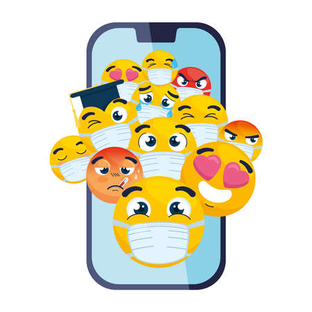 smartphone with emojis wearing medical mask on white background vector illustration designのイラスト素材