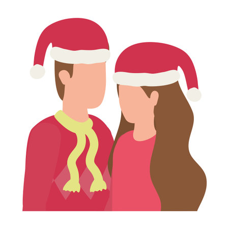 young lovers couple with christmas hat characters vector illustration designのイラスト素材