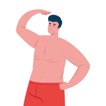 man in shorts red color, happy guy in swimsuit on white background vector illustration designのイラスト素材
