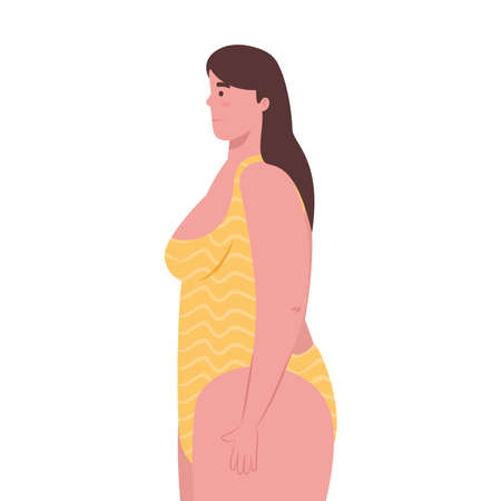 cute plump woman in swimsuit yellow color on white background vector illustration designのイラスト素材