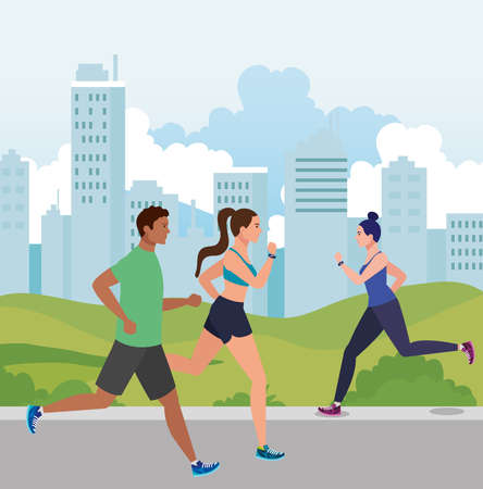 jogging with cityscape, people running race outdoor, people in sportswear jogging vector illustration designのイラスト素材