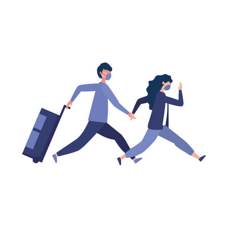 Man and woman with medical mask and bag design, Cancelled flights travel and airport theme Vector illustrationのイラスト素材