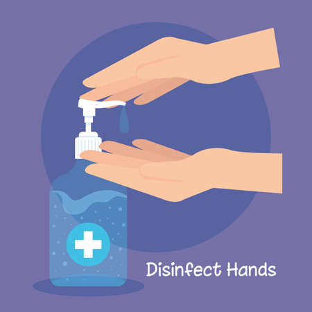 hand sanitizer pump bottle, washing gel, self protect from covid 19, disinfect hands concept vector illustration designのイラスト素材