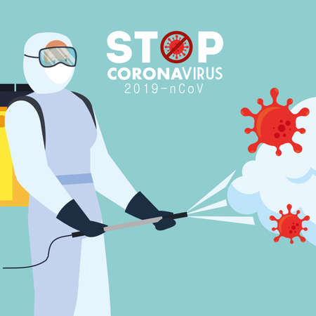 Man with protective suit spraying covid 19 virus design, Disinfects clean antibacterial and hygiene theme Vector illustrationのイラスト素材