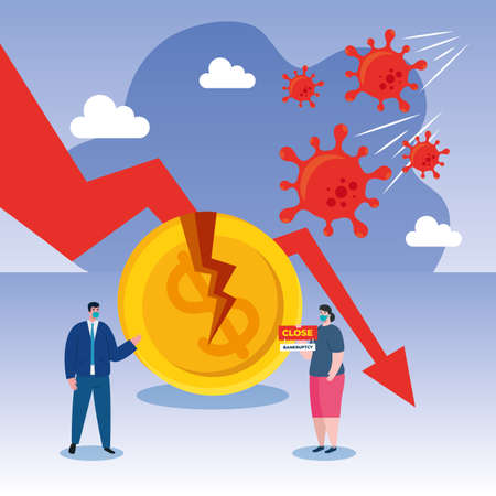 businesspeople with masks decrease arrow and broken coin design of bankruptcy and covid 19 virus theme Vector illustrationのイラスト素材