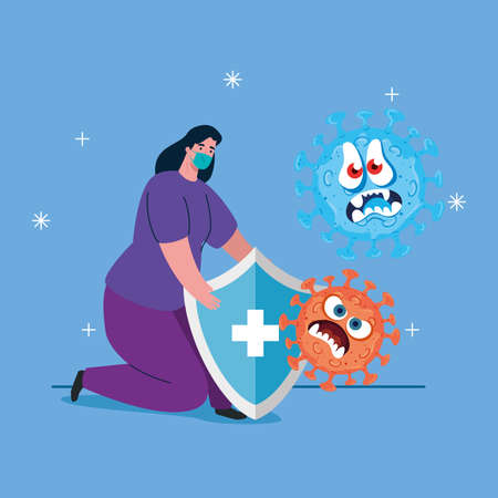 fight against coronavirus, woman wearing medical mask, emoji covid 19 with facial expression and shield protection vector illustration designのイラスト素材