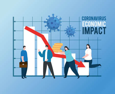 people with infographic of economic impact by covid 2019 vector illustration designのイラスト素材