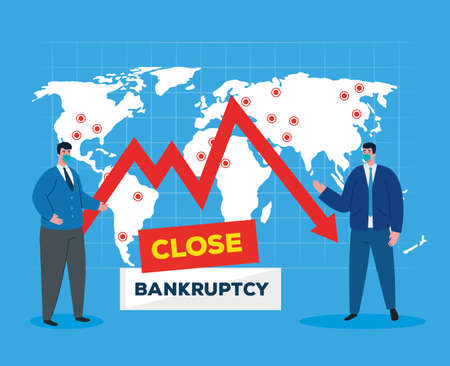 businessmen with masks map and decrease arrow design of bankruptcy and covid 19 virus theme Vector illustrationのイラスト素材