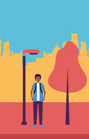 boy at park with tree and lamp design, Nature outdoor and season theme Vector illustrationのイラスト素材