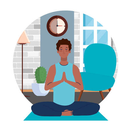stay home, be safe, man afro meditating in the living room, during coronavirus covid 19, stay at home quarantine, be careful vector illustration designのイラスト素材